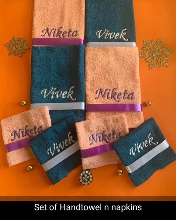 Personalized hand towel and napkins set with only name uploaded by business on 2/1/2022