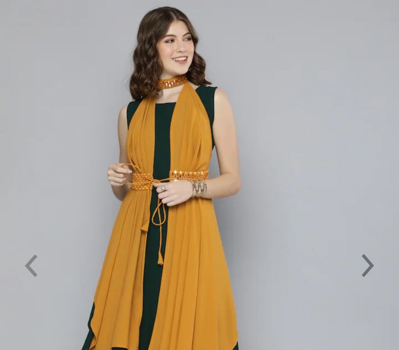 GREEN & MUSTERED YELLOW EMBELLISHED HALTER NACK TIE-UPS GEORGETTE PARTY FIT & FLARE MAXI DRESS uploaded by business on 2/2/2022