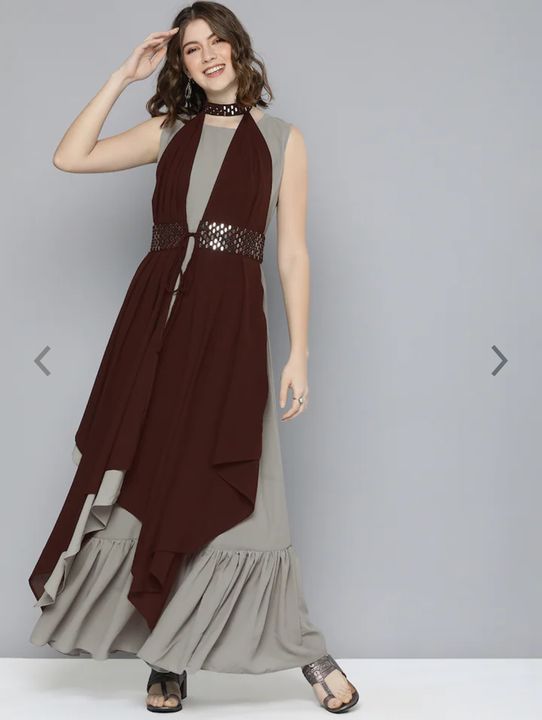 GREY & BROWN EMBELLISHED HALTER NACK TIE-UPS GEORGETTE PARTY FIT & FLARE MAXI DRESS uploaded by business on 2/2/2022