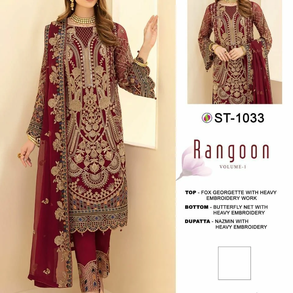 Post image 🙏🏻Dear    Sir/Madam...Thanks for your support.🤗🎁Today *SANIYA TRENDZ* hitting market again with exclusively trending series of pakistani catlogs
 💕 *RANGOON vol -1*🌲**
Luxury Embroidered collection     Premium collection
   👇🏻Fabric details 👇🏻
👗 Top : faux georgette with heavy embroidery and borders
👖Bottom  :santoon and with embroidered 
🔺Dupatta :butterfly net with heavy embroidery , tabby silk digital print nazmin with work 
FOR MORE INFORMATION CONTACT ON WHATSAPP:+918849816118 Ship extra  ❤3pc
*READY TO SHIP 🚢 *
🚶🏻🚶🏻🏃🏼🏃🏼🏃🏼Hurry up...📦LIMITED STOCK 📦