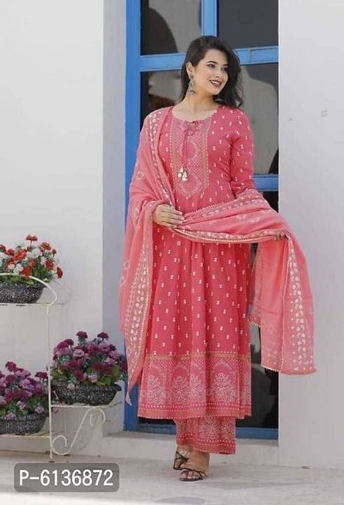Stylish Rayon Coral 3/4 Sleeves Kurta With Palazzo And Dupatta Set For Women uploaded by Arora's Collection on 2/3/2022