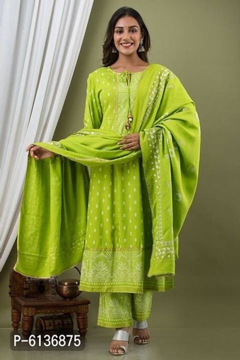 Stylish Rayon Green 3/4 Sleeves Gold Printed Kurta With Palazzo And Dupatta Set For Women uploaded by business on 2/3/2022