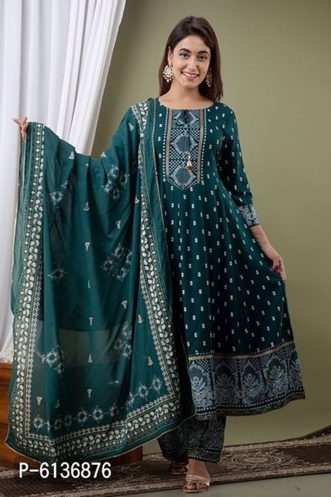 Stylish Rayon Green 3/4 Sleeves Gold Printed Kurta With Palazzo And Dupatta Set For Women uploaded by business on 2/3/2022
