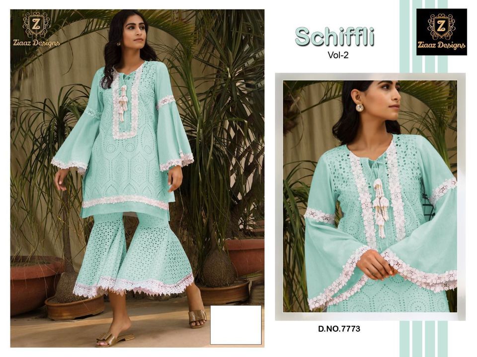 Post image Ziaaz Designs - brand that speaks for itself Alhamdullillah❤️
🔴Readymade Schiffli Vol 8❤️
 Heavy schiffli embroidered stitched Top with inner attached on cotton fabric XL size (42) Embroidered Chinon DupattaCotton bottoms with flare like bell bottoms style and lace attached stitched xl size 
Dispatch Ready
Single available
*PRICE :~ 1580+⛵️*FOR MORE INFORMATION CONTACT ON WHATSAPP:+918849816118