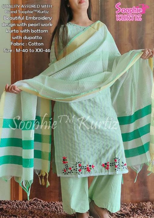 Post image Catalog Name: *New launch by Soophie kurtiz embroidered crosia kurta bottom dupatta*
*💥Top/bottom/dupatta💥*=================================
*👸🏻Brand Soophie™ Kurtiz*👸🏻{Accept with Soophie™ brand tag only}
Description -- Beautiful crosia embroidery with pearl and Crosia lace on kurta with designer bottom with full length dupatta
Dupatta : Silk chanderi mixFabric top/bottom -- Cotton
Size : M-40 to XXL-46
*👸🏻Quality ASSURANCE with brand👸🏻*



_*! Free Shipping!*