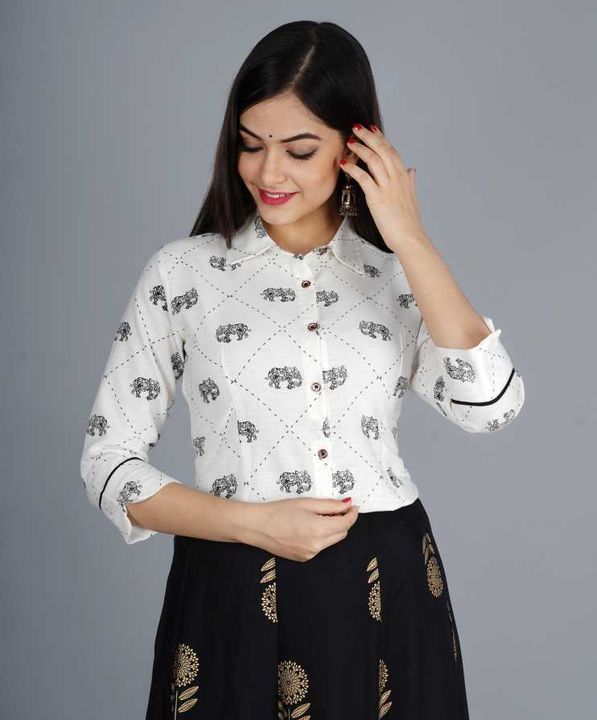Beautiful heavy cotton flax elephant printed top with gold printed reyon skirt uploaded by S K fashion on 2/8/2022