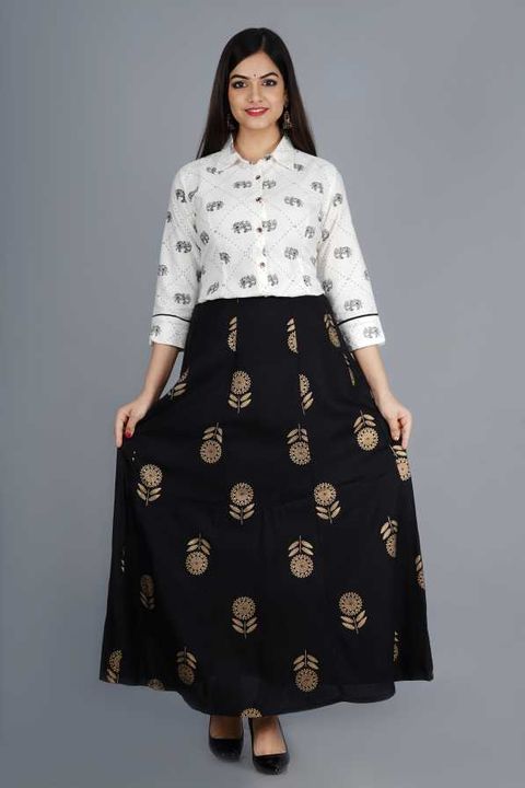 Beautiful heavy cotton flax elephant printed top with gold printed reyon skirt uploaded by S K fashion on 2/8/2022