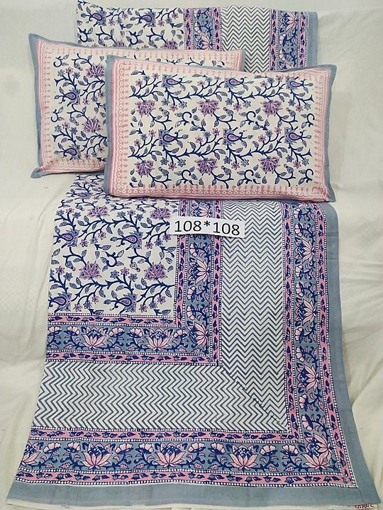 Post image 🤩 *New king Size collection update* 🥳🤩

Fabric - Cotton
Size - Double
Dimension - 108*108 (in inches) (approx)
Design - Printed
Colour - Multi colour
Washable - yes
Contents - 1 Bedsheet With 2 pillows
Speacialty - Hand Block Printed
Weight - 1.5 kg(approx)

Best fit for king size Beds!!
We brings to you an amazing range of exclusive cotton bed sheets from a superior quality. With a variety of options to choose from, 
Now you can decorate your room to your liking..

*Colours may be little different by effects of photograhpy*