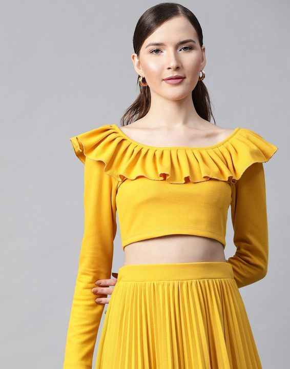 Frilly Neck Rib Crop Top (Mustard) uploaded by Mann Mohana Trading on 2/10/2022