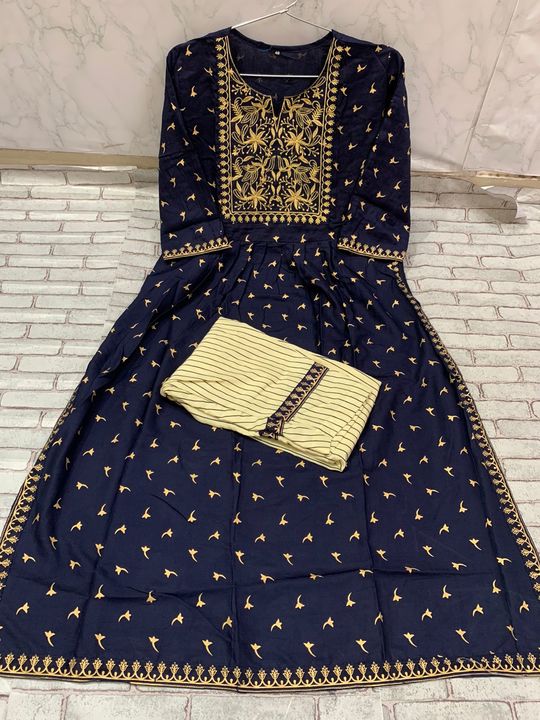 Premium quality Rayon gold print Embroidery yoke hand work printed kurti with pan uploaded by business on 2/13/2022