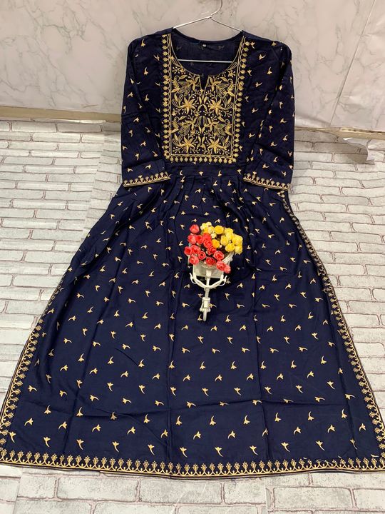 Premium quality Rayon gold print Embroidery yoke hand work printed kurti with pan uploaded by business on 2/13/2022