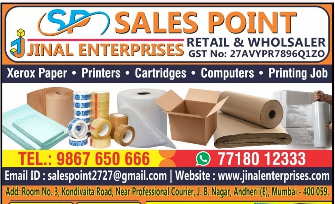 Post image Packaging materials Retails &amp; WholesalersBopp Tapes | Stretch Film Roll | Corugratted Roll | Buble Roll | Envelopes | Courier Pod Pags Multi Size | Buble Envelopes | Xerox papers | New Cartridge's | HDPE BagsMo:77180 12333Chakala  Andheri E mumbai- 400059