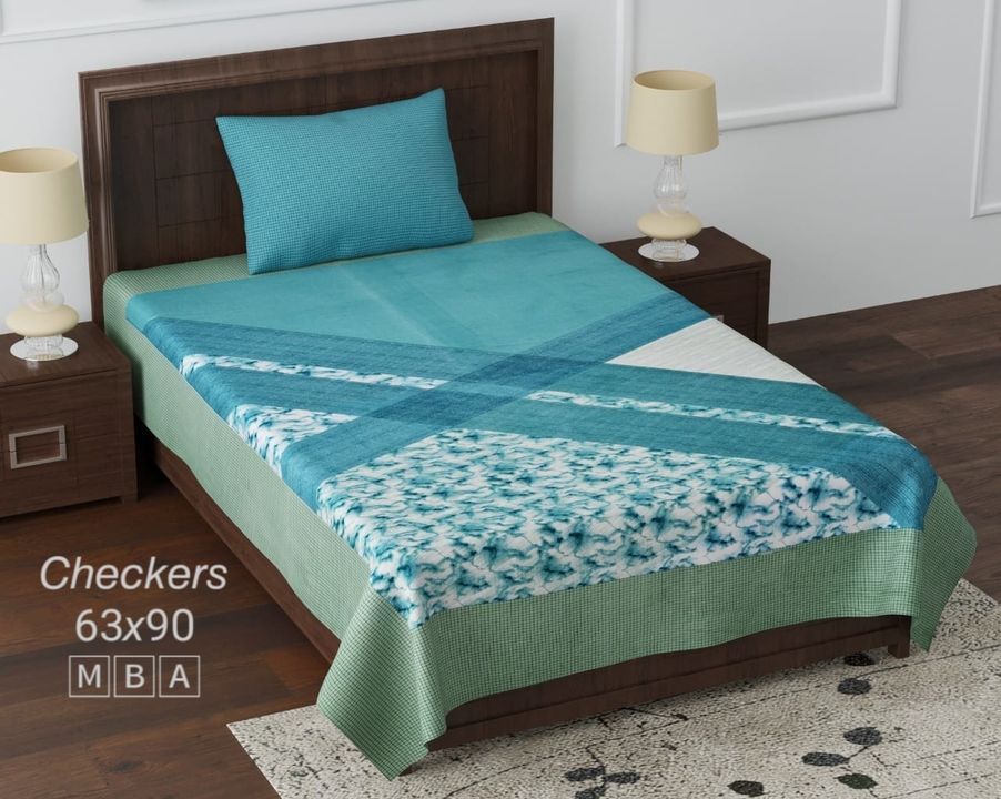Post image *Checkers* 👑*Single Bedding Set*
  _*FOR ONLINE*_ ♠️
🔹 *SIZE* 63 x 90 INCHES🔹1 Single Bed BedsheetNd 1 Pillow Cover 🔹 *FABRIC* PURE COTTON🔹 *FEATURES* PANEL PRINT🔹 *QUALITY* SUPER FINE🔹 *WEIGHT* 700g🔹 SIMPLE PVC PACKING