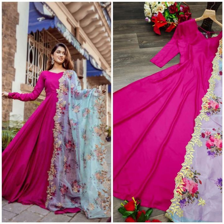 Post image 🔥 *Hot and Latest Riyon  designer Gown   *🔥

🔥 Fabric Details 

🌟GOWN  FABRIC : Riyon  
Length- Up to 55

🌟DUPATTA - Orgenza With Embroidery 🪡 work &amp; digital print (2.10 Mtr )

🌟 Size :L(40) xl(42)  XXL(44)

  🎨 2 Colors  🎨

*Wholesale Rate :799*

🥰  *Be Happy with Quality* 🥰