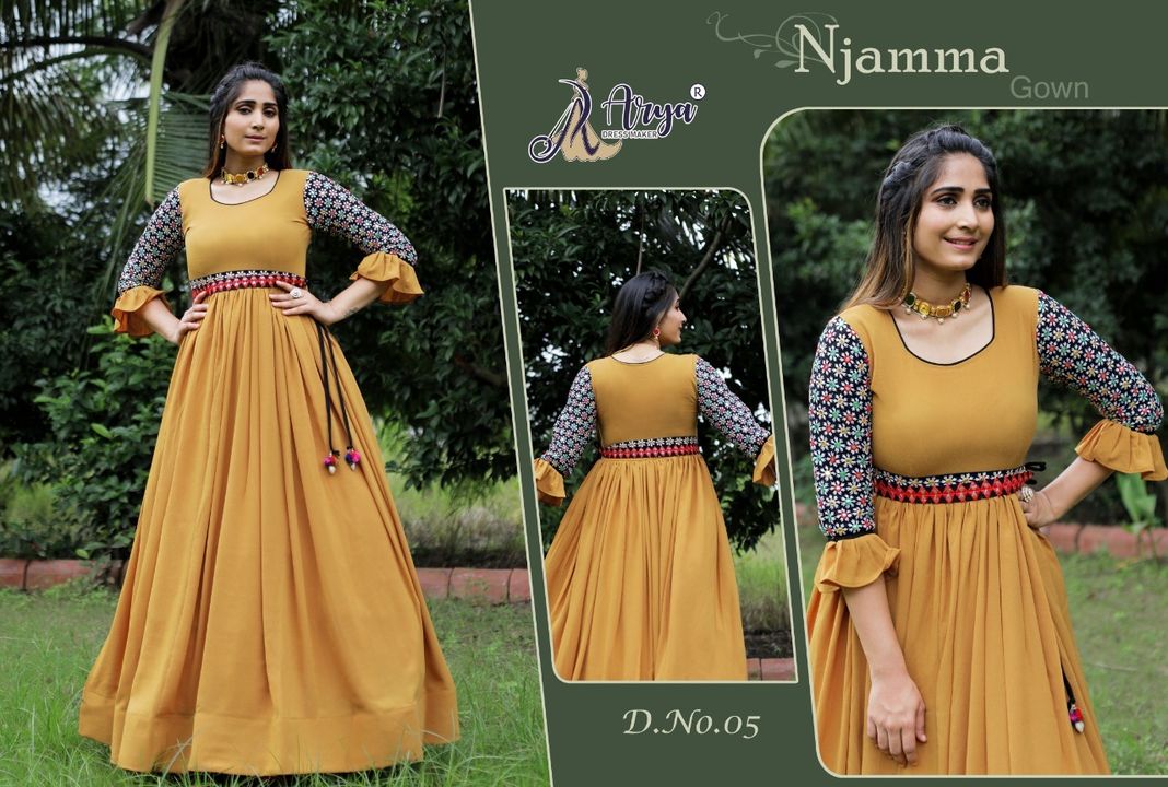 Post image NJAMMA GOWN

- Colour- 6

- Designer gown

- Fabric - urbanline imported 

- Thred mirror work

-Size - m, l, xl, xxl.

- Length - 54 to 56

 Good luck 👌Best quality

Price - 1299+s