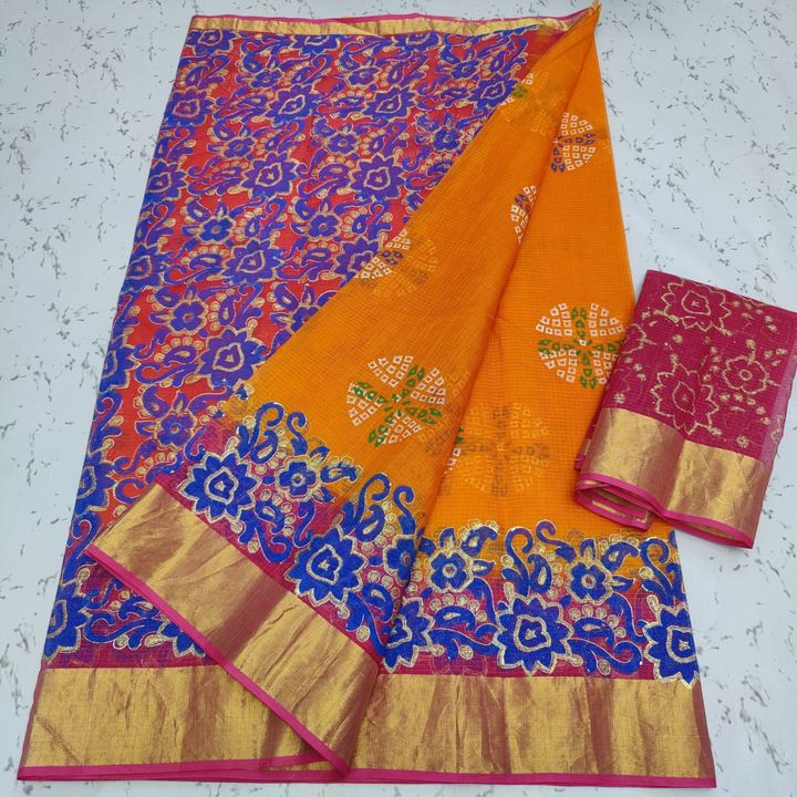 Post image " Pure " Kota Doria Cotton..... Large zari border ( 4"/1" ) printed sarees with blouse