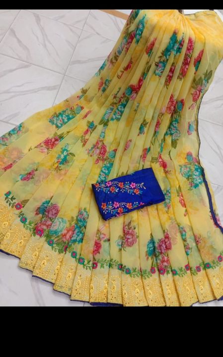 Post image Pure zarjet digital print sarees. Border thread work with tikle.Separate pattu thread work blouse. 600/-,