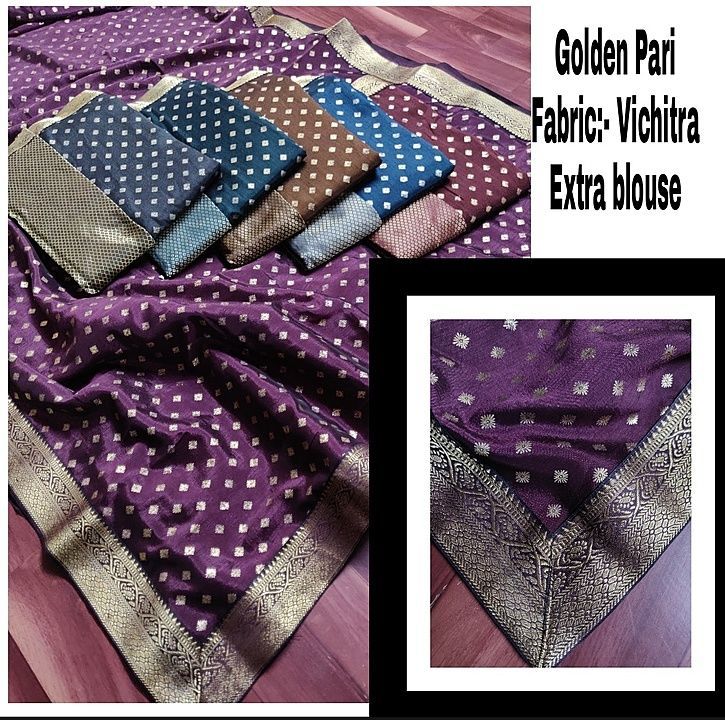 Golden pari 
Vichitra silk touch 
Best selling with weaving taste  uploaded by business on 10/10/2020