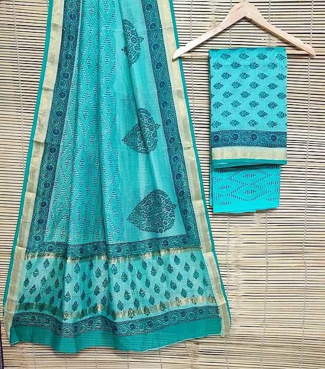 Post image Hand block printed maheshwari silk 3 pcs suit 
Top maheswari silk  2.5mtr
Duptta maheswari silk 2.5mtr
Bottom cotton 2.5mtr