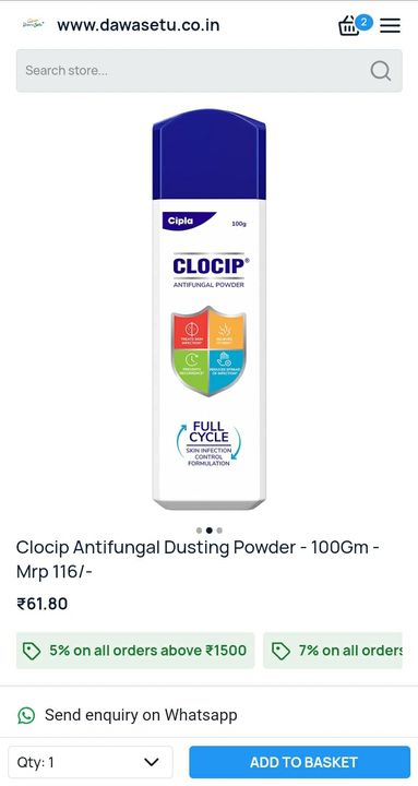 Clocip Antifungal Powder 100gm Pack by Cipla uploaded by Dawasetu Private Limited on 2/27/2022