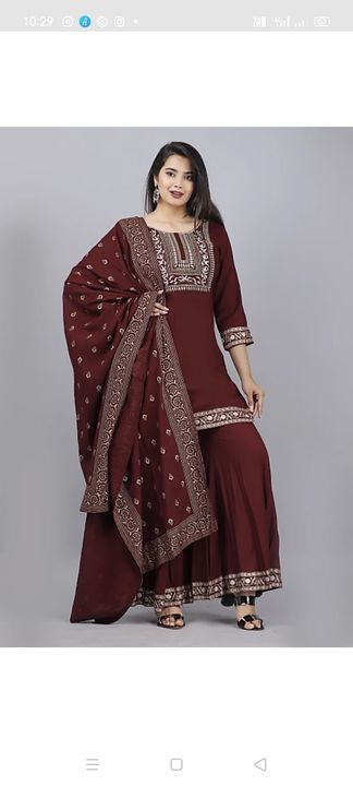 Embroidered women  wine kurta with dupatta and sarara set pure rayon uploaded by KP ENTERPRISES on 2/28/2022