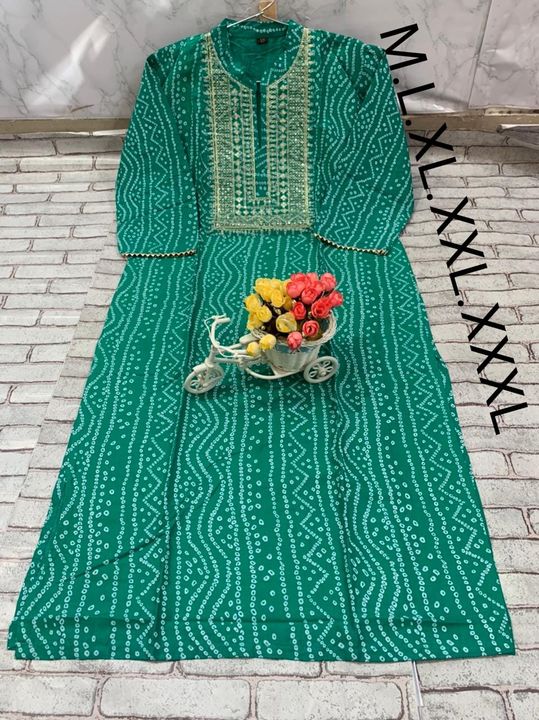 Post image _*sj quality products Jaipur*
Premium Reyon  bandhani  kurti with beautiful embroidery &amp; sitara work on yoke......🎉🎉🎉Offer offer offer 🎉Size - *M L Xl Xxl Xxxl* 
Kurti length =42
 *Best Price - 600/-*   *Free ship*