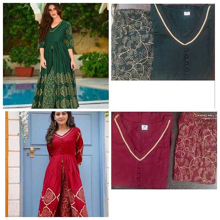 Post image 👗👗 NEW LAUNCH👗👗  *BEAUTIFUL Heavy.RAYON*

AAA+ PREMIUM QUALITY 👗👗RAYON FRONT CUT ANARKALI  KURTI WITH PANT 
⭐work gold print
⭐Fabric RAYON FRONT CUT ANARKALI KURTI WITH PANT

Size:M/38, L/40, xl/42 xxl 44