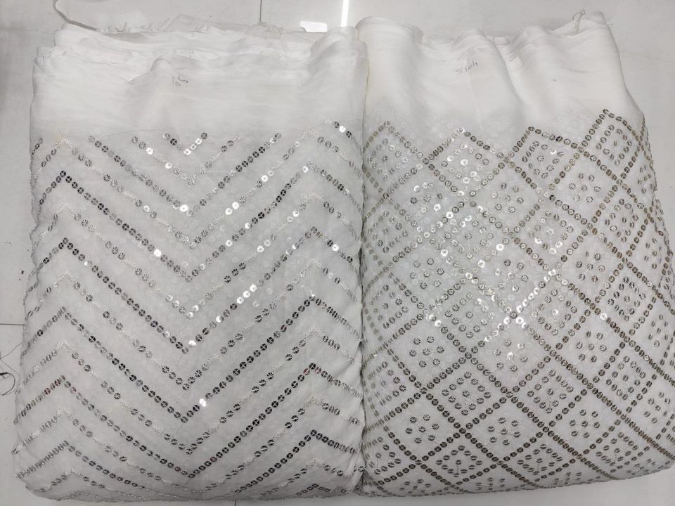 Post image Fabric = pure Georgette dyeableWidth = 44Work = 7mm silver SEQUENCE embroideryRate = 300 per mtr