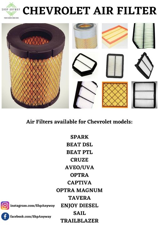 Post image Best and superior quality Air Filter suited for Chevrolet Cars.
Carefully curated to suit your specific vehicle as per specification and fitment.
With highest grade material, high-density media for protection against soot,dirt and dust.
Catches up to 99% of airborne particles and debris.
Protects the engine from premature damage and ensures better acceleration.