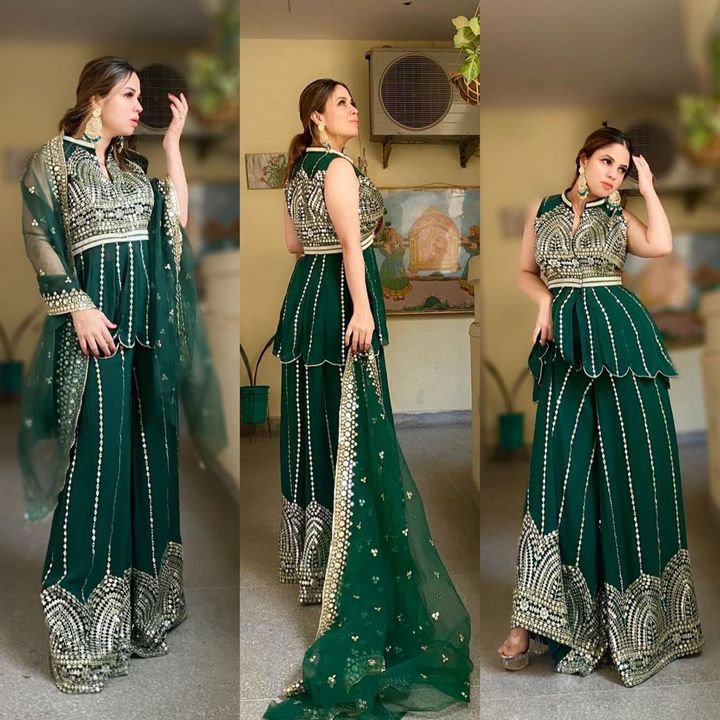 Post image Presenting  New 5000 Series  Quality Ek level UP 
Code :  *5408* 
🧚‍♀**Top**  
Fabric   :  Gorgette Work.   :  Embroidery with 9mm Sequnce with sleve extra fabric attached Stiching type : Full Stich Upto 42 Flair       : *3 meter*
👸*Plazo* 
Fabrics   : Gorgette Work       : Embroidery with 9 mm Sequnce Stich.      : Upto 44 full Stich with elastic               🧜‍♀ *Dupata * 
Fabric :  Gorgette Work.  : Embroidery with 9mm Sequnce 
Price:-  *1650*