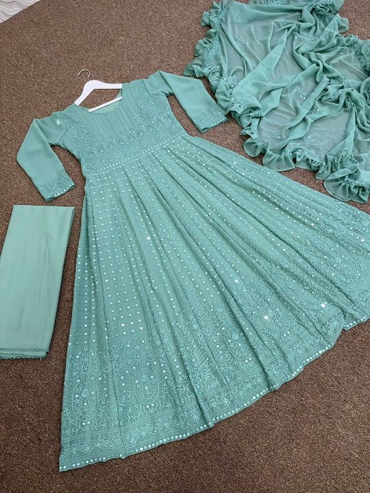 Post image *HK-1405*  
👉👗💥*LAUNCHING NEW DESIGNER PARTY WEAR LOOK HEAVY EMBROIDERY AND SEQUINS WORK GOWN WITH DUPATTA *💥👗💃🛍👌💕
🧵 *FABRICS DETAIL* 🧵
👗 *GOWN FABRIC* : HEAVY FAUX GEORGETTE SILK WITH HEAVY EMBROIDERY AND 9mm SEQUENCE WORK AND SLEEVE WITH WORK*(Only Front Side Work)*
👗 *GOWN INNER* : MICRO COTTON 👗 *GOWN SIZE* : 42 XL FREE SIZE  *(FULLY STITCHED)* XXL MARGIN 👗 *GOWN LENGTH* : 54-55 INC👗 *GOWN FLAIR *     : 3 Mtr
👗 *BOTTOM FABRIC* : SOFT BUTTER SILK. 2 MTR *(Unstitched)*
👗 *DUPATTA FABRIC* : HEAVY FAUX GEORGETTE SILK WITH EMBROIDERY AND 9mm SEQUENCE WORK WITH FOUR SIDE RUFFLE BORDER WORK*#DUPATTA LENGTH:* 2.10 mtr
⚖️ *WEIGHT*  : 800 gm
*RATE :- 1700/- Freeship*
👑 *KING OF QUALITY* 👑