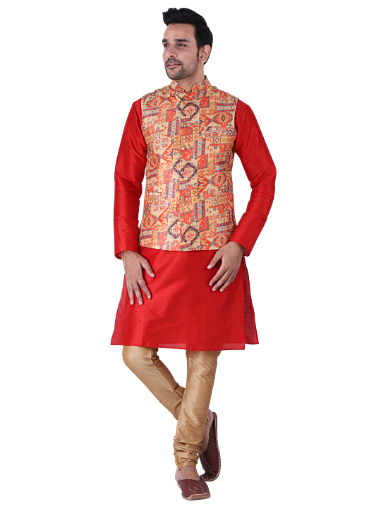 Printed sadri (coat) with red kurta with classic cream pajama  uploaded by Kurta hun on 10/11/2020