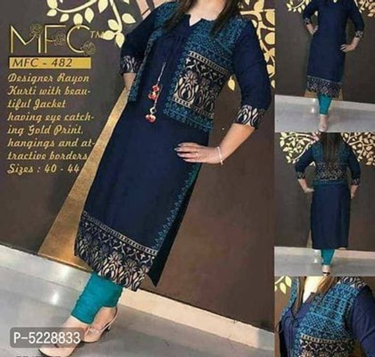 Post image Rayon Jacket Style Kurtis
Rayon Jacket Style Kurtis
*Fabric*: Rayon Type*: Stitched Style*: Variable Design Type*: Variable Sizes*: M (Bust 38.0 inches), L (Bust 40.0 inches), XL (Bust 42.0 inches), 2XL (Bust 44.0 inches) Free &amp;amp; Easy Returns, No questions asked
*Returns*:  Within 7 days of delivery. No questions asked
⚡⚡ Hurry, 3 units available only 

 🆕 Avail 100% cashback on all your orders in MyShopPrime Wallet
💸 Use 5% flat off on all prepaid orders

Hi, check out this collection available at best price for you.💰💰 If you want to buy any product, message me

https://myshopprime.com/collections/395121621