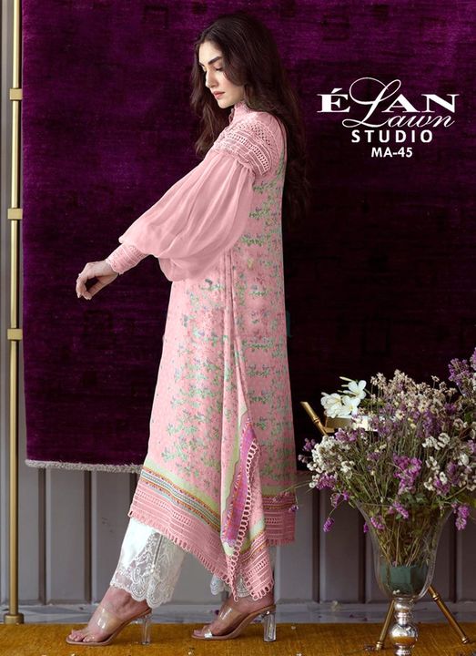 Post image Whatsapp :- 7046231723✨ *ELAN LAWN STUDIO* ✨                ( *MA-45* )💞We are Introducing our *LUXURY PRET COLLECTION* To Make You Unique and Classy..➖➖➖➖➖➖           *DESIGN BY ELAN* ➖➖➖➖➖➖🔴 *Description* 🔴〰〰〰〰〰〰〰This romantic mint green tunic is adorned with delicate pastel flowers, as well as pretty lavender cross stitch flowers blooming along the neckline.
🔴 *Details* 🔴〰〰〰〰〰〰〰✨ *Top* :- muslin with inner.(santoon)✨ *Bottom* :- soft cotten.✨ *Colour* :- *6 ATTRACTIVE COLOURS*           ‼ *Size Chart* ‼
✨ Top *xl* size chest (42)✨ Bottom *xl* size (36-42) 
✨ *Rate :- 9️⃣9️⃣9️⃣/-*✨ Colour may slightly vary due to light effect✨ ✨ *Additional Embellishment can made according to design's look.* ✨✨ *Ready Stock*✨