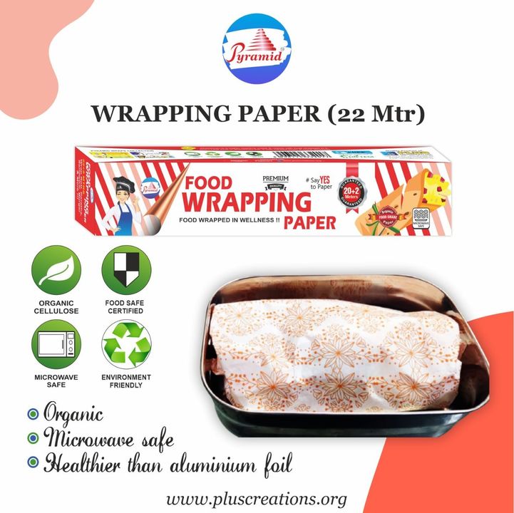 Food Wrapping Paper 22 mtrs, Roll with Cutter Blade, White with Orange, Food Grade and Eco uploaded by Plus Creations Pvt Ltd on 3/10/2022