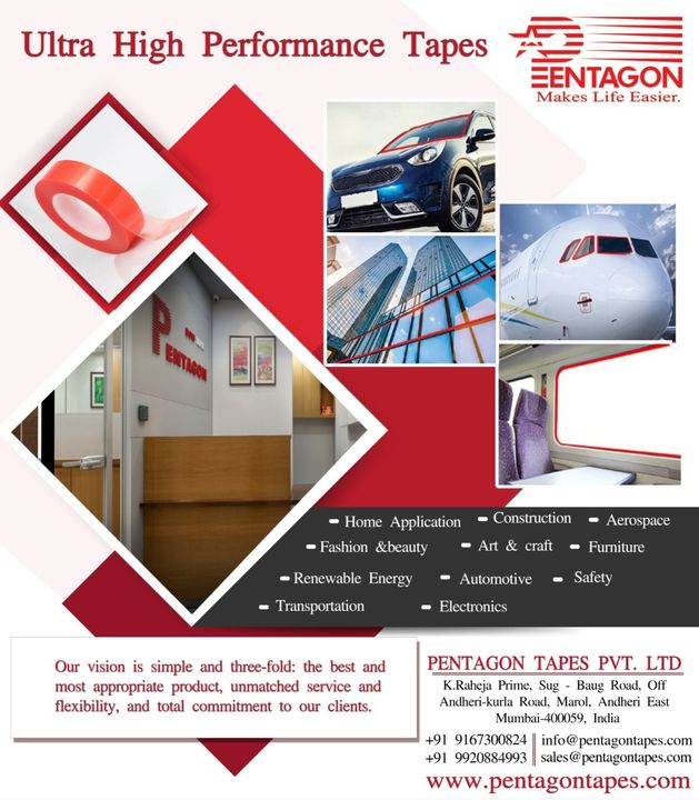Post image Pentagon Tapes Pvt Ltd Indiais looking for Distribution Agency for our Pentagon Ultra High Performance Pressure Sensitive Adhesive TapesFor further details contact us on+91-9820529615sales@pentagontapes.comwww.pentagontapes.com