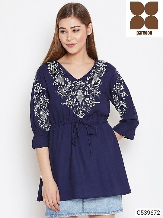 Post image *Product Name:* Women's Printed Rayon Tunic

*Details:*
Description:	It has 1 Piece of Women's Tunic
Fabric:	Rayon
Neckline:	V Neck
Sleeves:	3/4th Sleeve
Pattern:	Printed
Product Type :	Regular
Color:	Blue
Ocassion:	Casual
Length:	24 in
Sizes (Inches):	S-36,M-38,L-40,XL-42,2XL-44

💥 *FREE Shipping* (फ्री शिपिंग)
💥 *FREE COD* (फ्री केश ऑन डिलीवरी)
💥 *FREE Return &amp; 100% Refund* (फ्री रिटर्न और 100% रिफंड)
🚚 *Delivery*: Within 7 days (डिलीवरी 7 दिनों में)

price  450