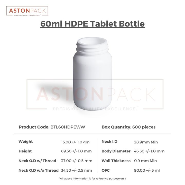 Post image 60ml White HDPE Round Tablet Storage Bottle

- Ready Stock Available
- MOQ starts from just 1 box
- Call now to get samples

📞 +91 87991 43746
📞 +91 91041 43746
📫 info@astonpack.co.in