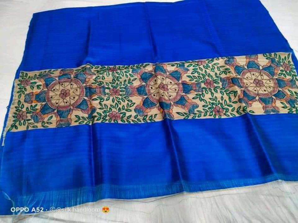Post image Wholesaler reseller most welcome 🙏💯Pure tassar dupion madhubani hand print dupatta👌🏻👌🏻Best Quality 😍I'm manufacture of silk saree all types silk material available if you are interested in this  dupatta so plz contact me 7061646391