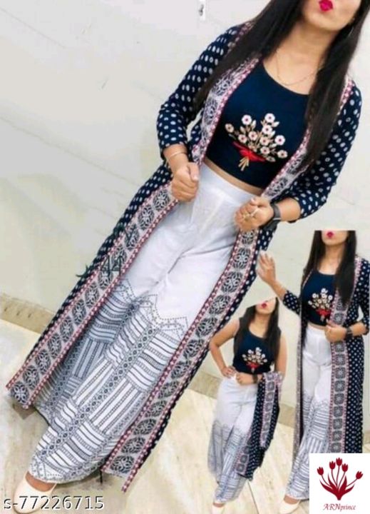 Embroidered Ethnic Sleeveless Crop Top Style Kurta Kurti with Printed Palazzo Pants uploaded by business on 3/17/2022