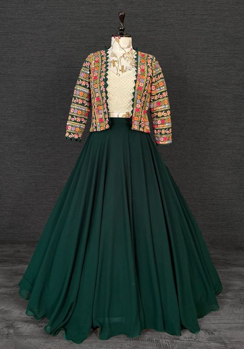 Post image *🌷Ready To Wear Lehenga Choli🌷*
Crafted with premium hues this green lehenga styled with a jacket. This exclusive outfit features a trendy yet traditional style, perfect for every occasion.
*Lehenga(Stitched)*Lehenga Fabric : GeorgetteLehenga Work : PlainLehenga Waist : Support Up To 42Length : 41Flair : 8 MeterInner : Micro Cotton
*Blouse(Stitched)*Blouse Fabric : Georgette  ( *Fully Stitched* -Size is 40 There Is extra Margin so Customer Can Adjust from 38" Upto 42")Blouse Work : Sequins Embroidery Work 
*Koti*Koti Fabric : Georgette Koti Work : Paper Mirror and Thread Embroidery Work with Lace BorderChest Size : 40" (2 inch extra Margin available so Customer Can Adjust up to 42")Length : 19"Sleeve Length : 19"
Dupatta Not Available 
*Package Contain :* Lehenga, Blouse, Koti
Weight : 0.750 kg 
*Price : 1899/- Free Shipping Only Gujarat*