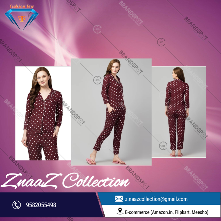 Lates Maroon with White polka dots design Night Suits, Shirt and Pyjama set for women uploaded by Z-Naaz Collection on 3/25/2022