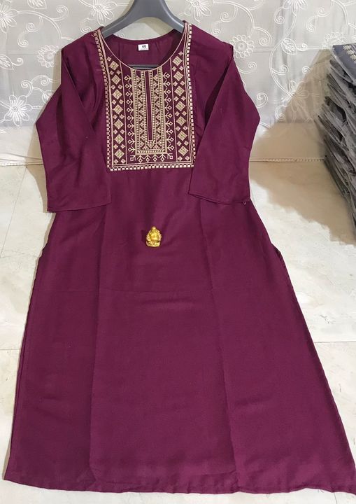 Post image *RJ Quality Products❤️*
*_Premium Rayon14kg_* 
Premium Reyon straight kurti with beautiful embroidery work on yoke......
 *Size - 38.40.42.44.46* 
 *Best price 450/-+50/-shipping