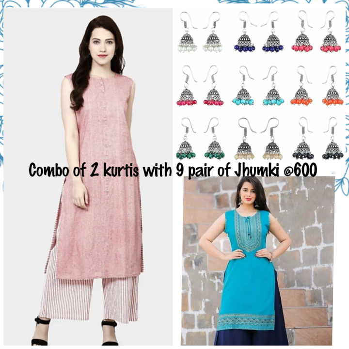 Product image with price: Rs. 600, ID: combo-of-2-kurtis-with-9-pair-of-jhumki-9c66e9eb