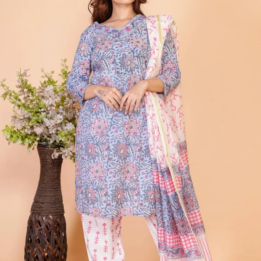 Post image New party wear collection...

 
Hand  block printed stiched suit set with **chanderi** duppatas..


Size ......    M     L    XL   XXL 
 length      44    44  44    44

Chest      38   40   42    44

Waist      36    38   40   42

Sleeve   17    17   17   17

Pant       38   38  38  38