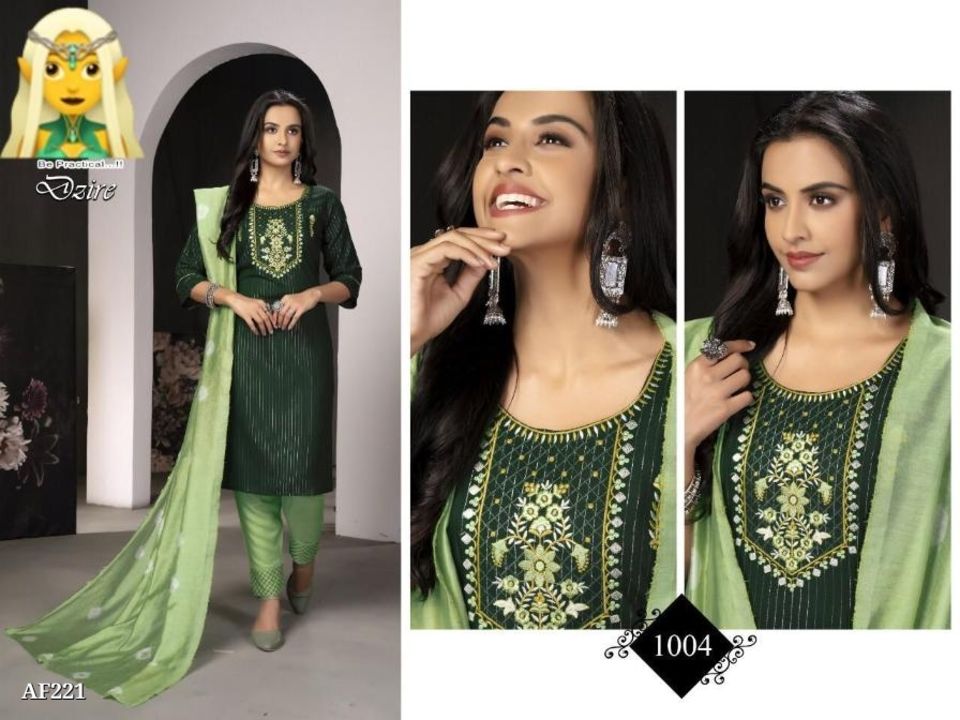 Post image Catalog Name: *fancy designer rayon kurti pent with Dupatta*
Catalogue name :  Dzire ( Pant set )
Top : Heavy lurex with embroidery work
Pant:Heavy Reyon with embroidery work
Dupatta:Heavy chanderi with butti
Total designs:8
Size:L, XL, XXL
RatePrice: ₹999