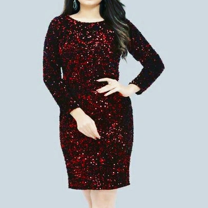 Post image Catalog Name:*Feminine Bodycon Sequinned Women Dresses*
Fabric: Velvet
Sleeve Length: Three-Quarter Sleeves
Pattern: Embroidered
Multipack: 1
Sizes:
XS (Bust Size: 34 in, Length Size: 34 in) 
S (Bust Size: 36 in, Length Size: 34 in) 
M (Bust Size: 38 in, Length Size: 34 in) 
L (Bust Size: 40 in, Length Size: 34 in) 
XL (Bust Size: 42 in, Length Size: 34 in) 
XXL (Bust Size: 44 in, Length Size: 34 in)