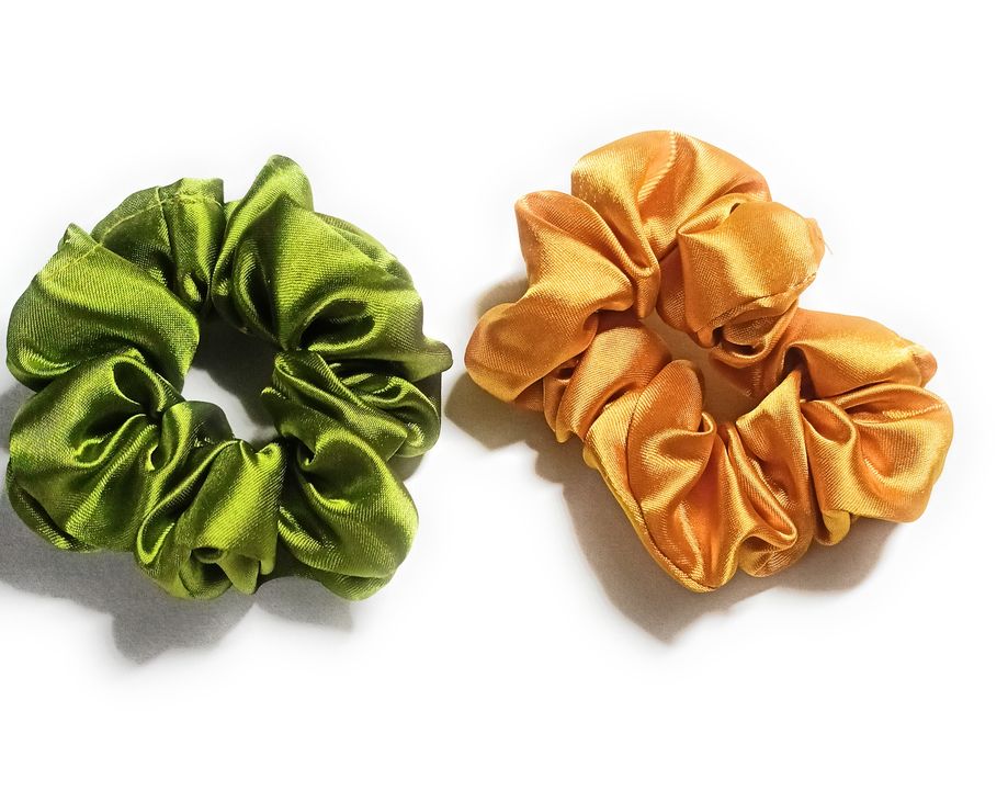 Product image with price: Rs. 15, ID: debnath-traders-green-and-mustard-yellow-satin-plain-scrunchies-d94c6c43