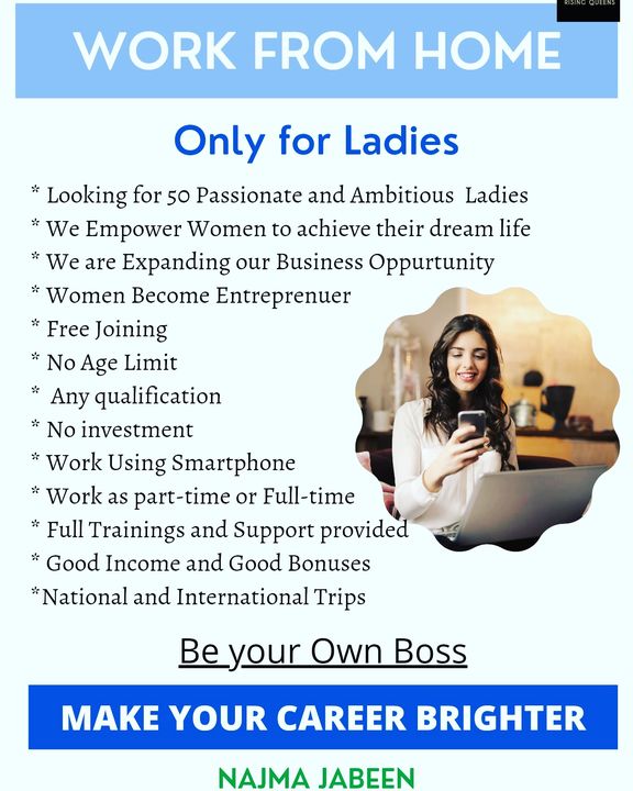Post image ####WORKFROMHOMEforLADIES####Hello Beautiful ladies👭... I m Najma👸, working with Rising Queens👑👑For more details touch dis link 👇👇
https://bit.ly/3ijWmj7