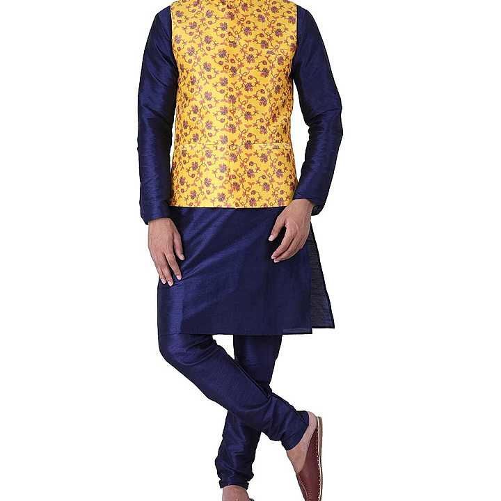Classic royal blue kurta pajama with printed yellow sadri ( coat)  uploaded by business on 10/17/2020
